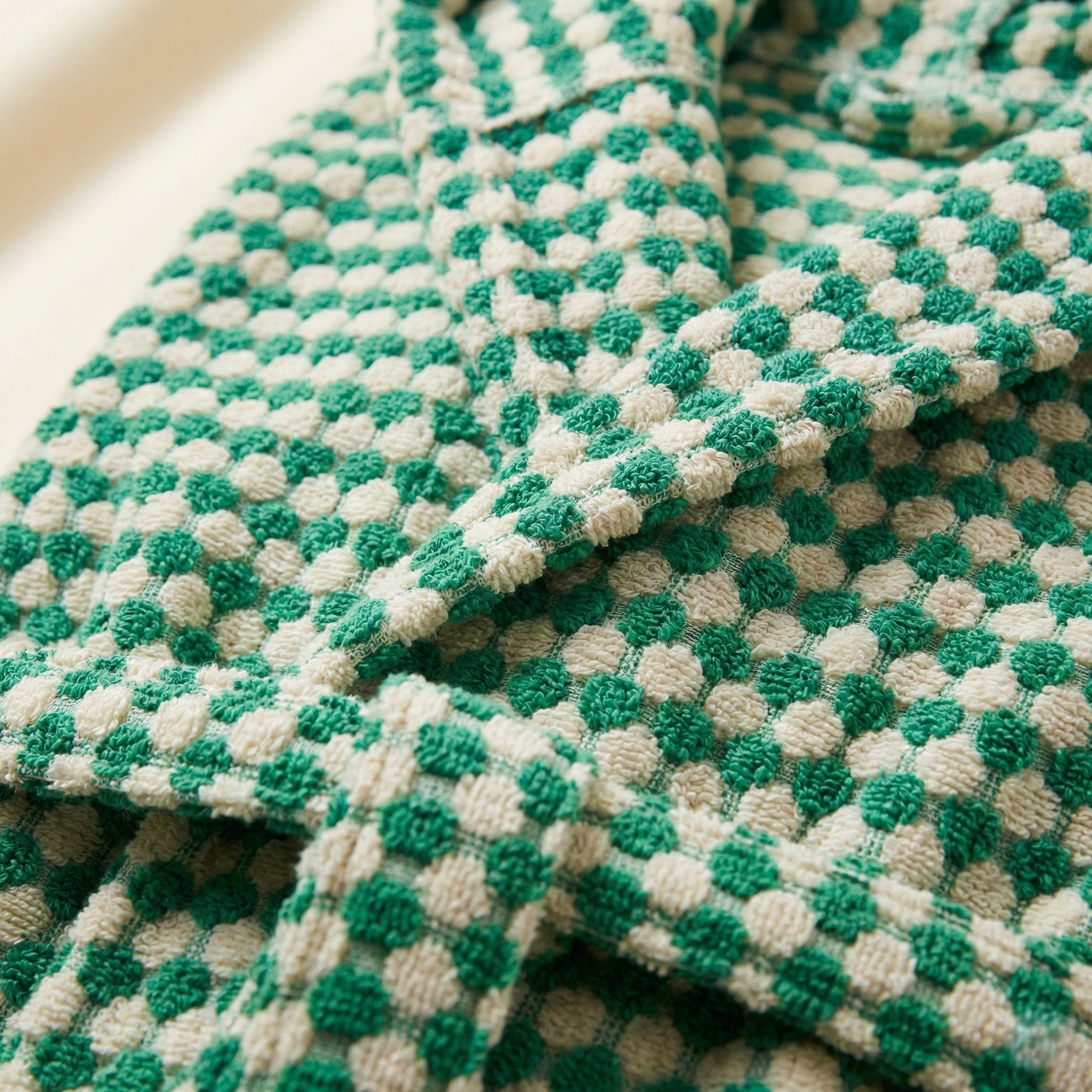 Close-up of Turkish Terry Towel Bathrobe Green Dotted Pompom Design Shawl Collar robe