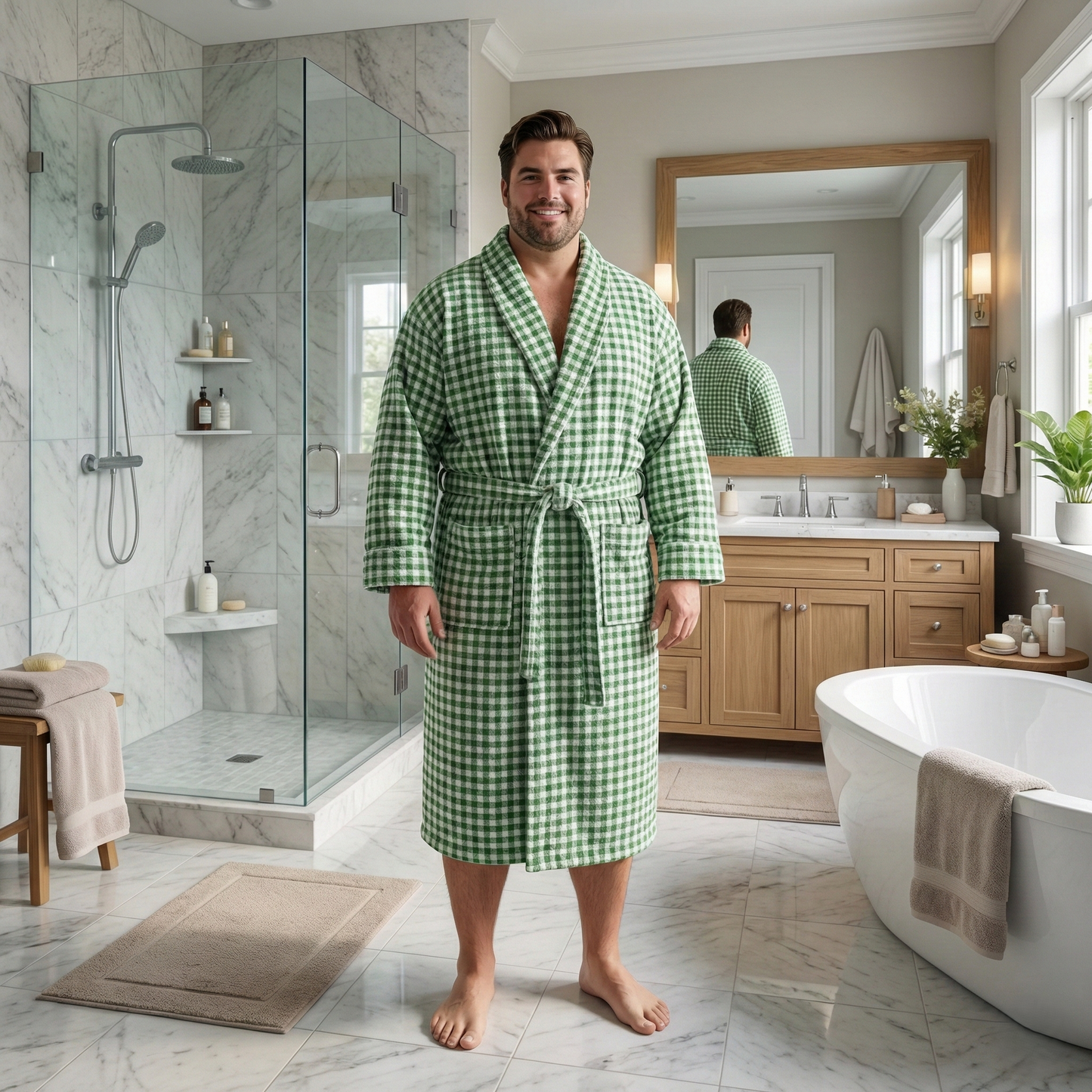 Man wearing a Turkish Terry Towel Bathrobe Green Dotted Pompom Design Shawl Collar robe in a modern bathroom.