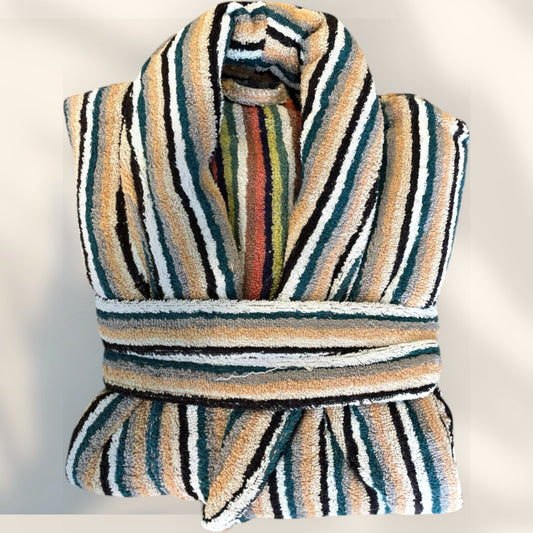 Handwoven Turkish Terry Towel Bathrobe with multicolor stripes – unisex one size fits all
