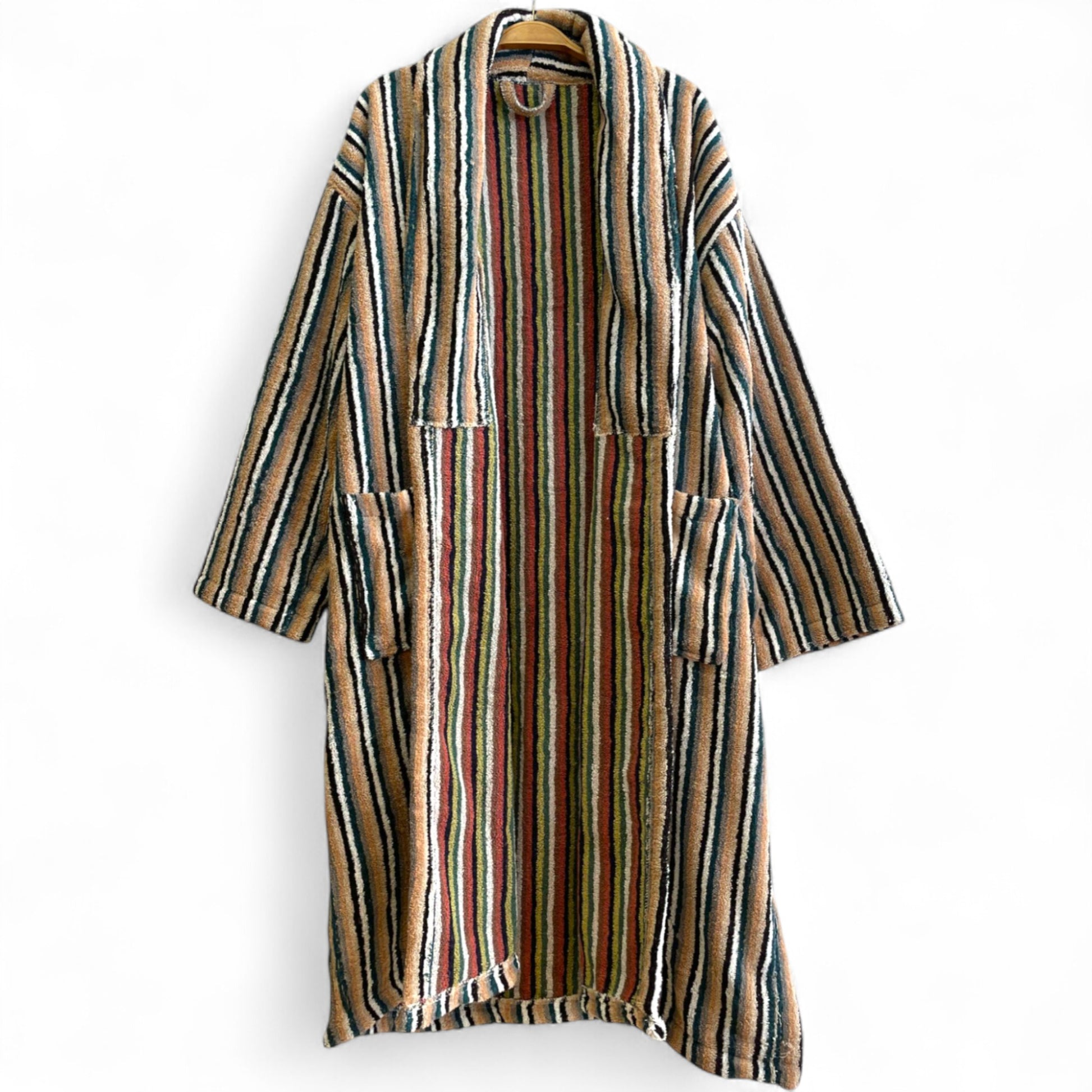 Front view of Turkish Terry Towel Bathrobe with traditional stripe pattern