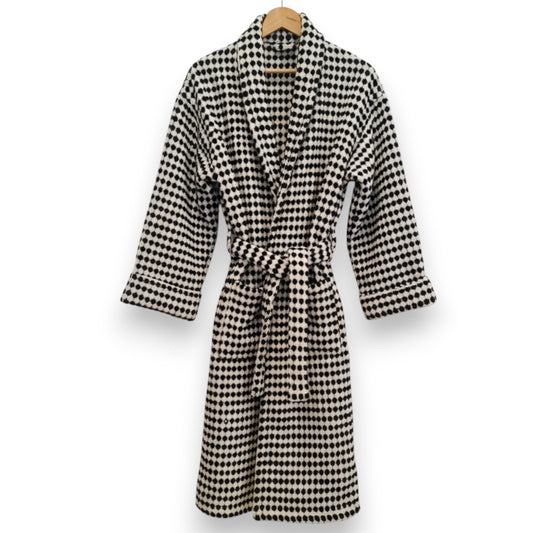 Turkish Terry Towel Unisex Bathrobe Black White Dotted Pompom Design Shawl Collar