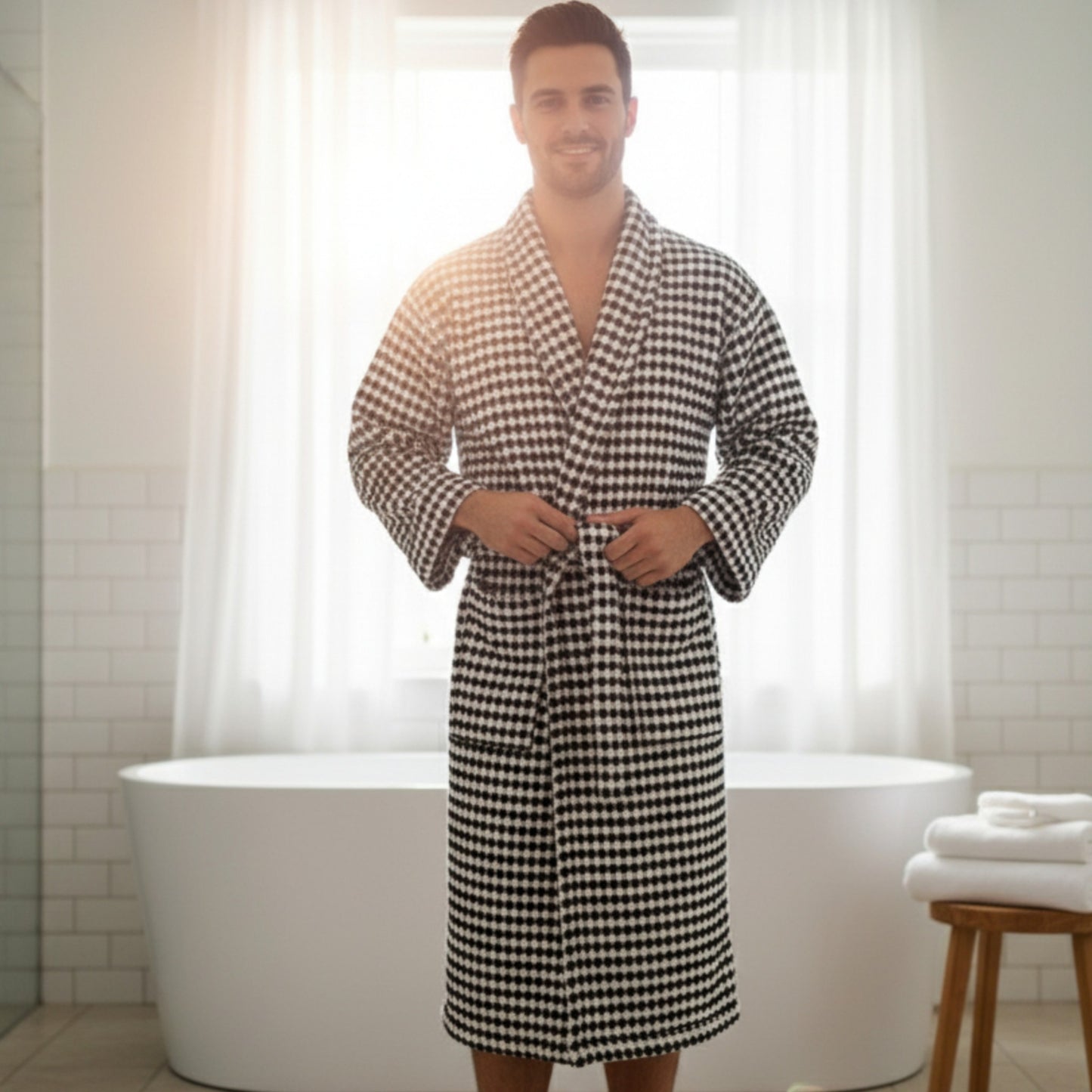 Turkish Terry Towel Unisex Bathrobe Black White Dotted Pompom Design Shawl Collar