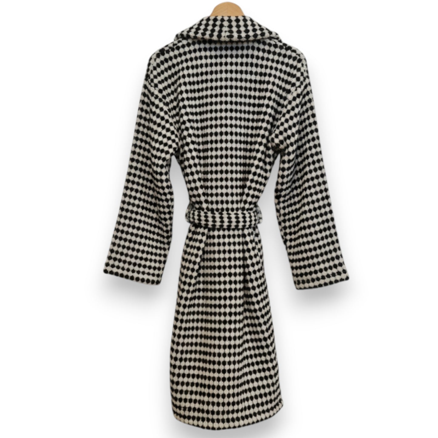 Turkish Terry Towel Unisex Bathrobe Black White Dotted Pompom Design Shawl Collar