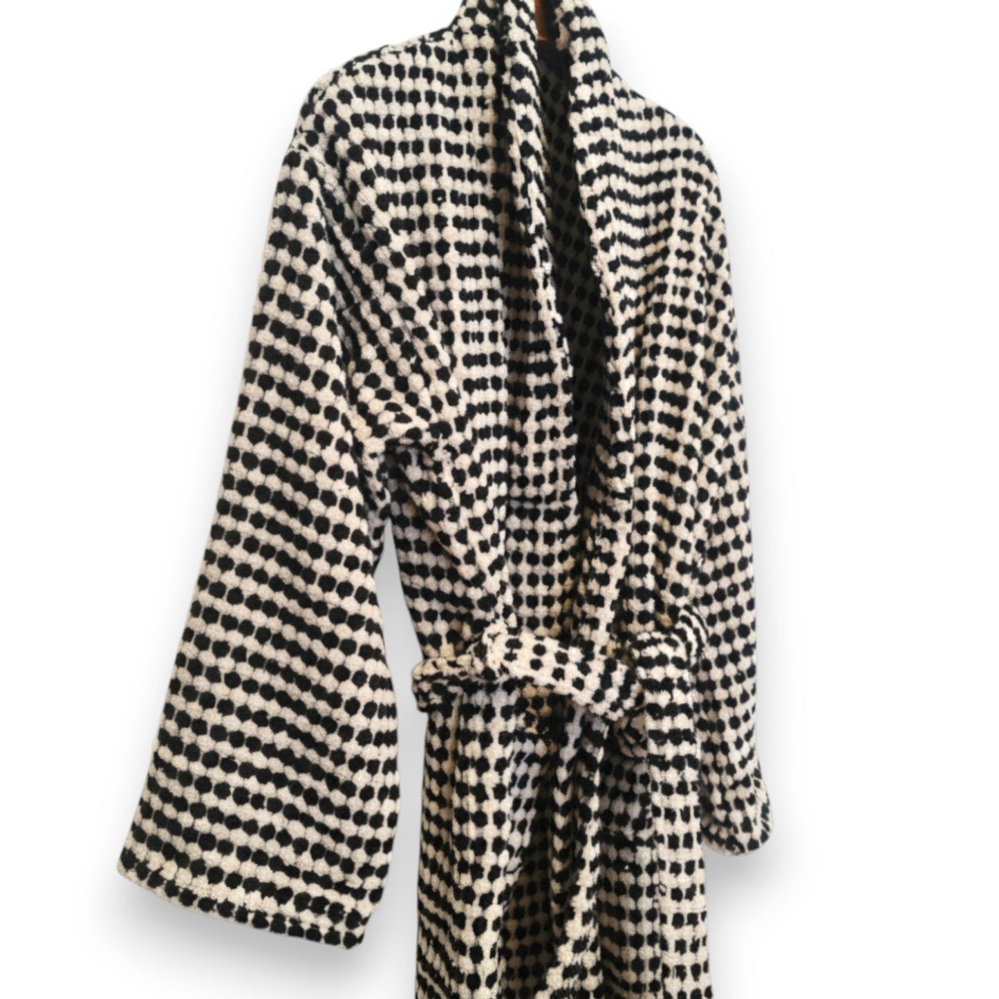 Turkish Terry Towel Unisex Bathrobe Black White Dotted Pompom Design Shawl Collar