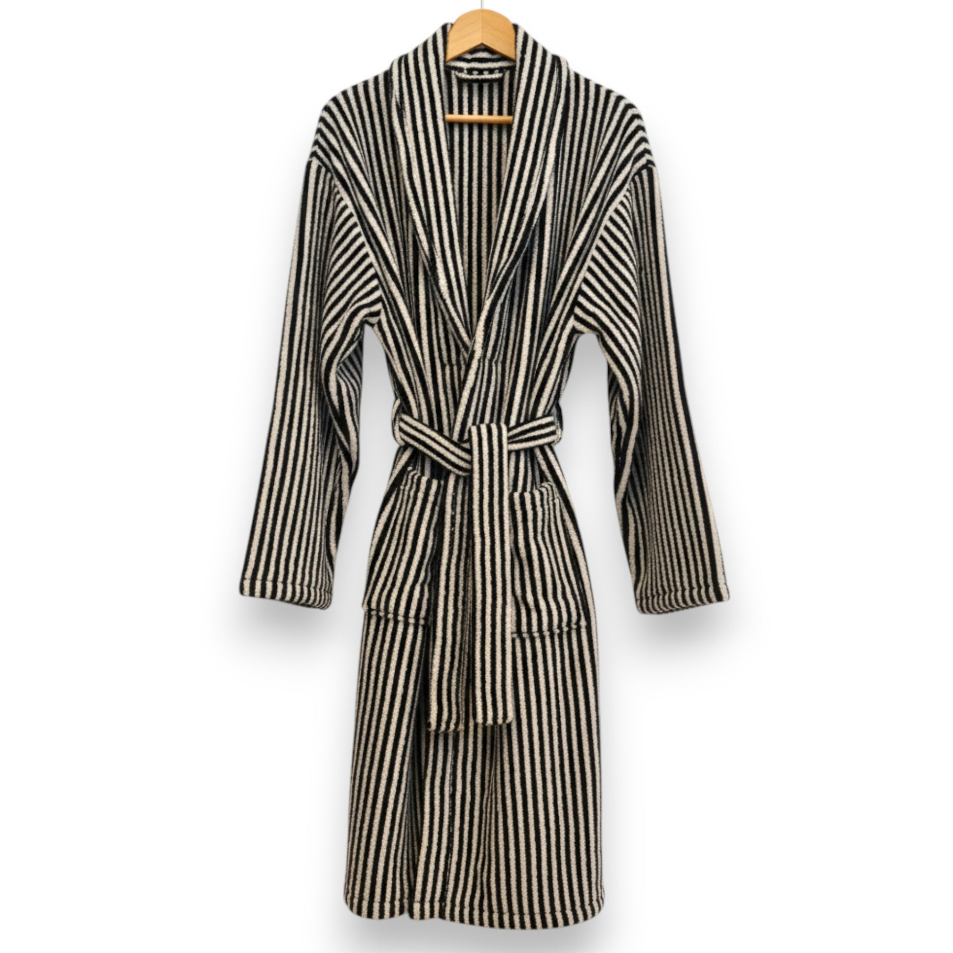 Turkish terry towel unisex bathrobe in black and white stripe design with a shawl collar, made from natural cotton for comfort and absorbency.