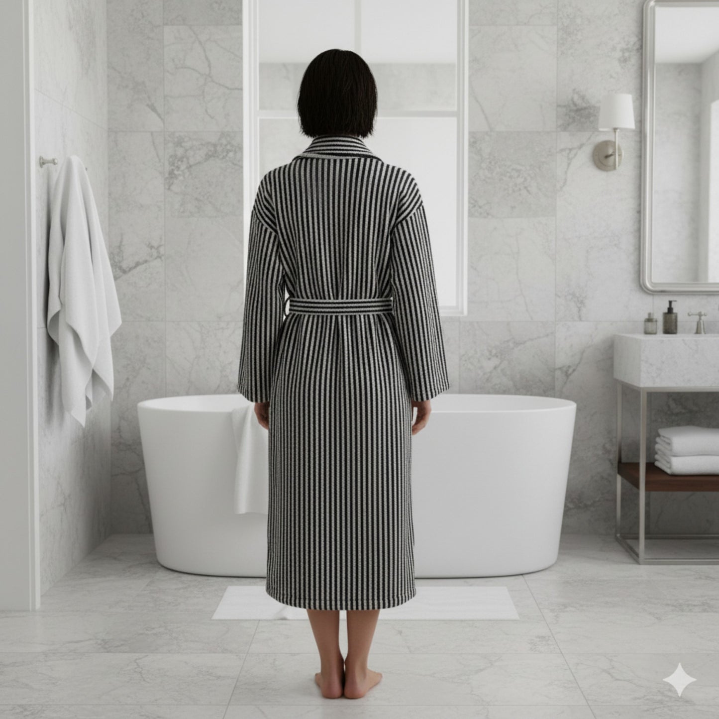 Turkish terry towel unisex bathrobe in black and white stripe design with a shawl collar, made from natural cotton for comfort and absorbency.