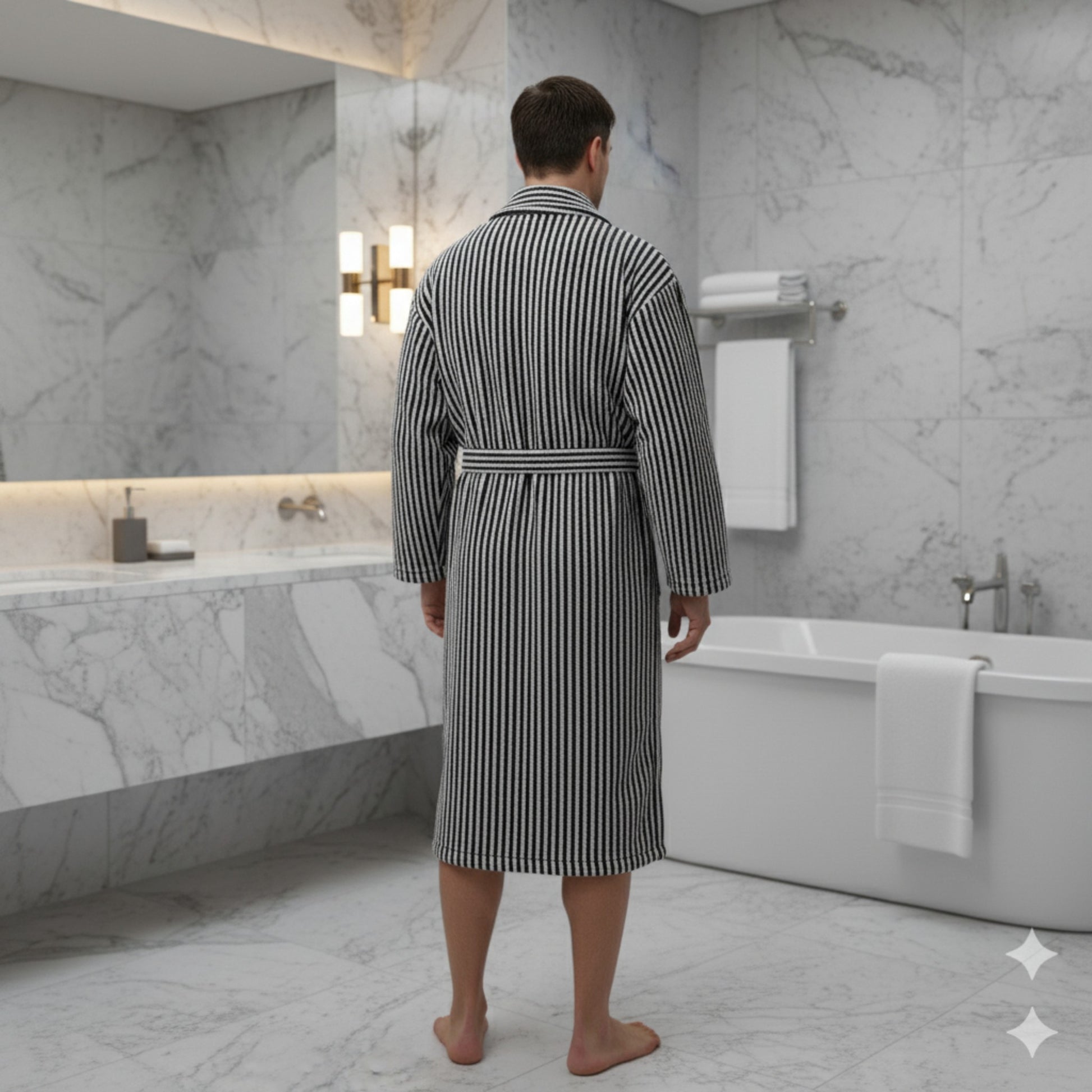 Turkish terry towel unisex bathrobe in black and white stripe design with a shawl collar, made from natural cotton for comfort and absorbency.