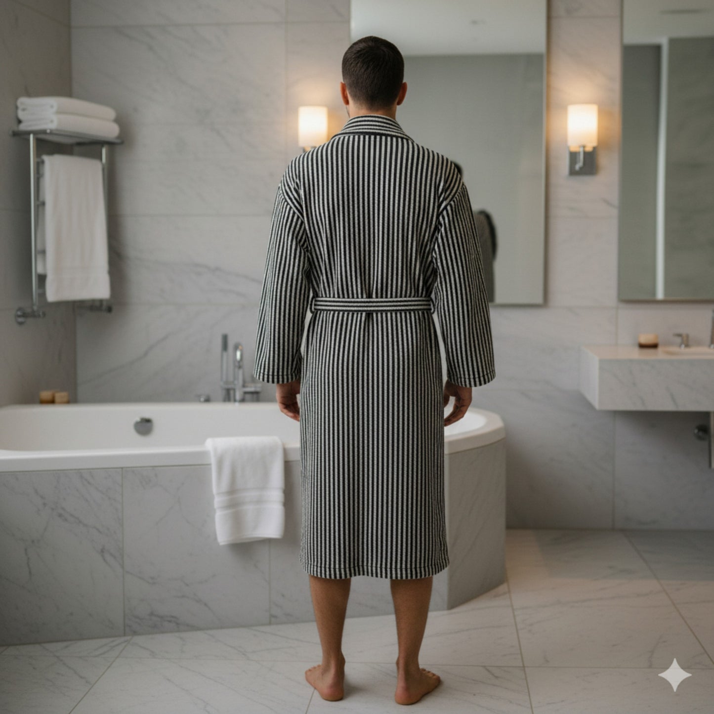 Turkish terry towel unisex bathrobe in black and white stripe design with a shawl collar, made from natural cotton for comfort and absorbency.