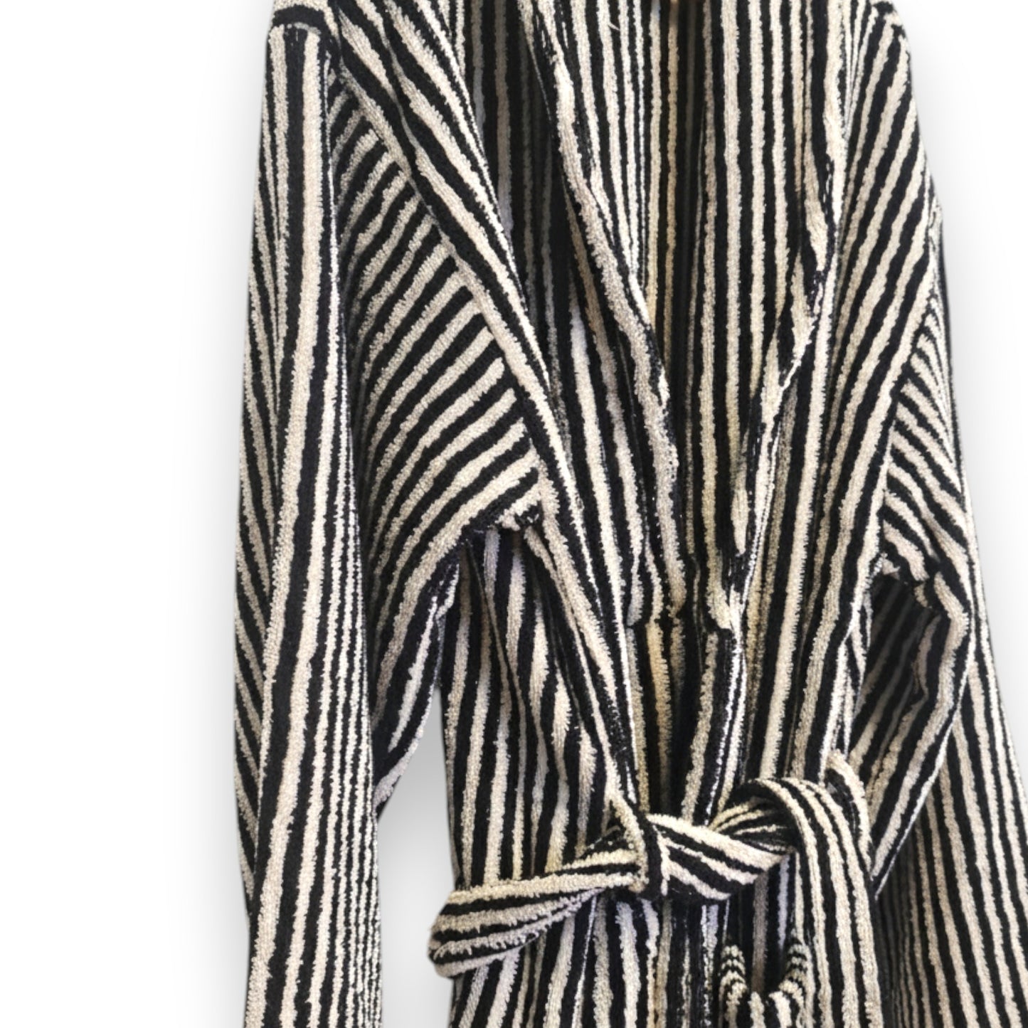 Turkish terry towel unisex bathrobe in black and white stripe design with a shawl collar, made from natural cotton for comfort and absorbency.