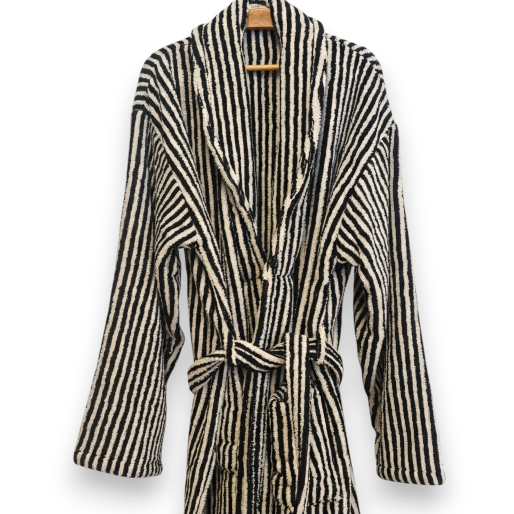 Turkish terry towel unisex bathrobe in black and white stripe design with a shawl collar, made from natural cotton for comfort and absorbency.