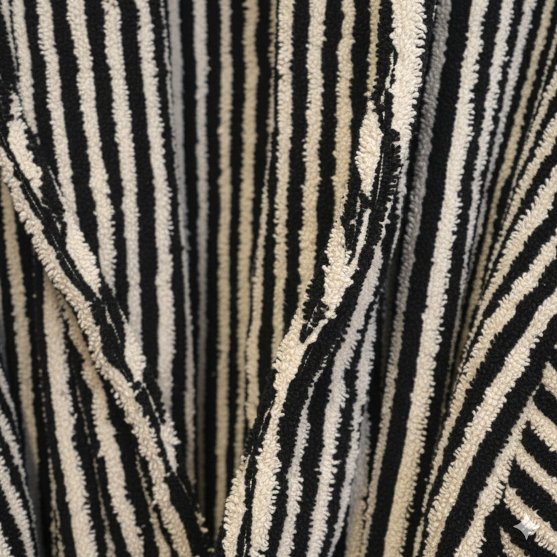 Turkish terry towel unisex bathrobe in black and white stripe design with a shawl collar, made from natural cotton for comfort and absorbency.