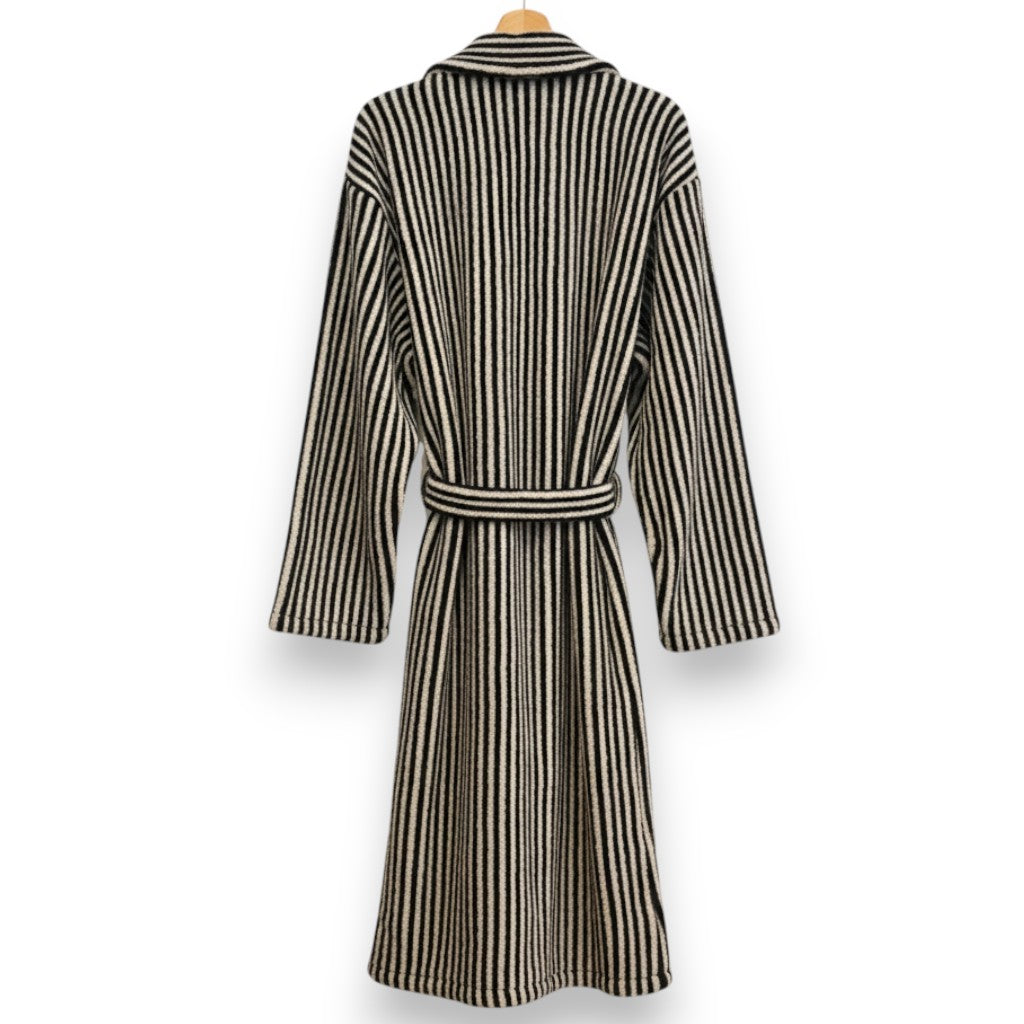 Turkish terry towel unisex bathrobe in black and white stripe design with a shawl collar, made from natural cotton for comfort and absorbency.