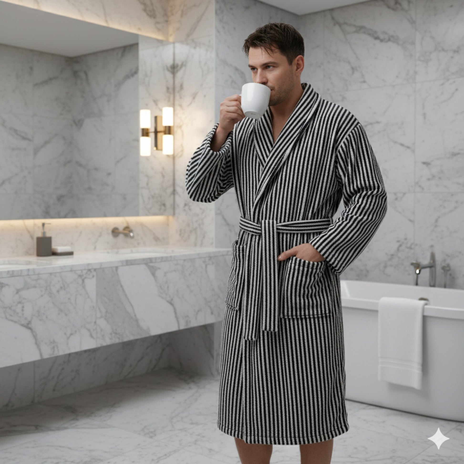Turkish terry towel unisex bathrobe in black and white stripe design with a shawl collar, made from natural cotton for comfort and absorbency.