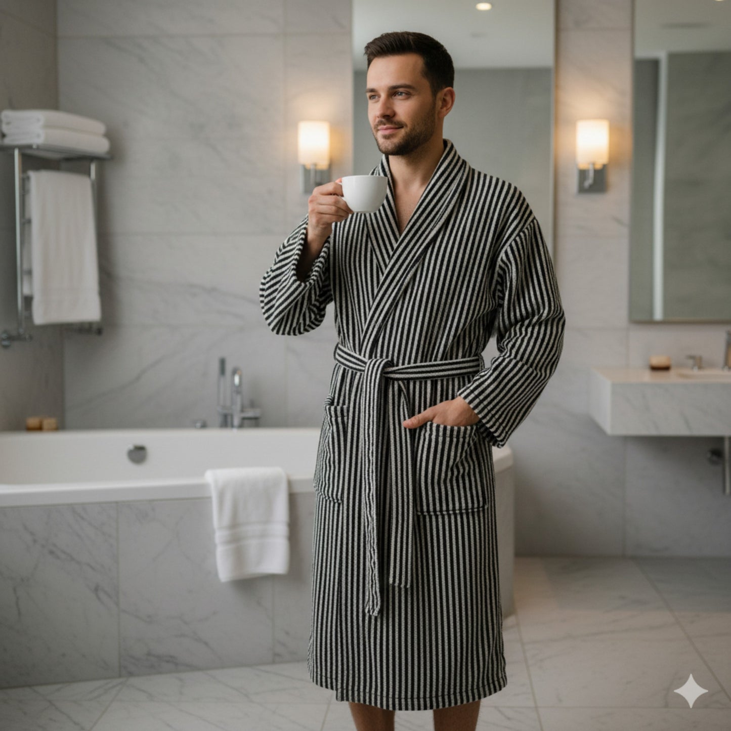 Turkish terry towel unisex bathrobe in black and white stripe design with a shawl collar, made from natural cotton for comfort and absorbency.