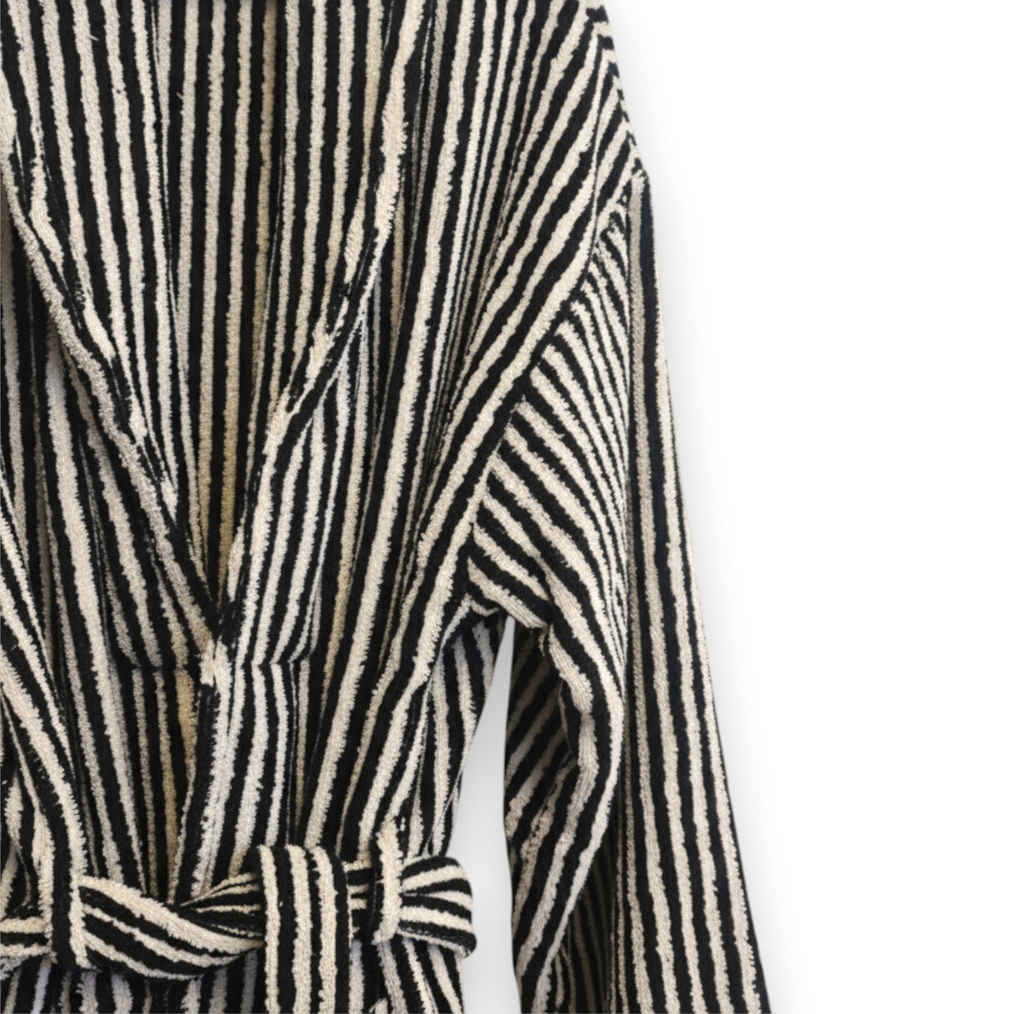 Turkish terry towel unisex bathrobe in black and white stripe design with a shawl collar, made from natural cotton for comfort and absorbency.