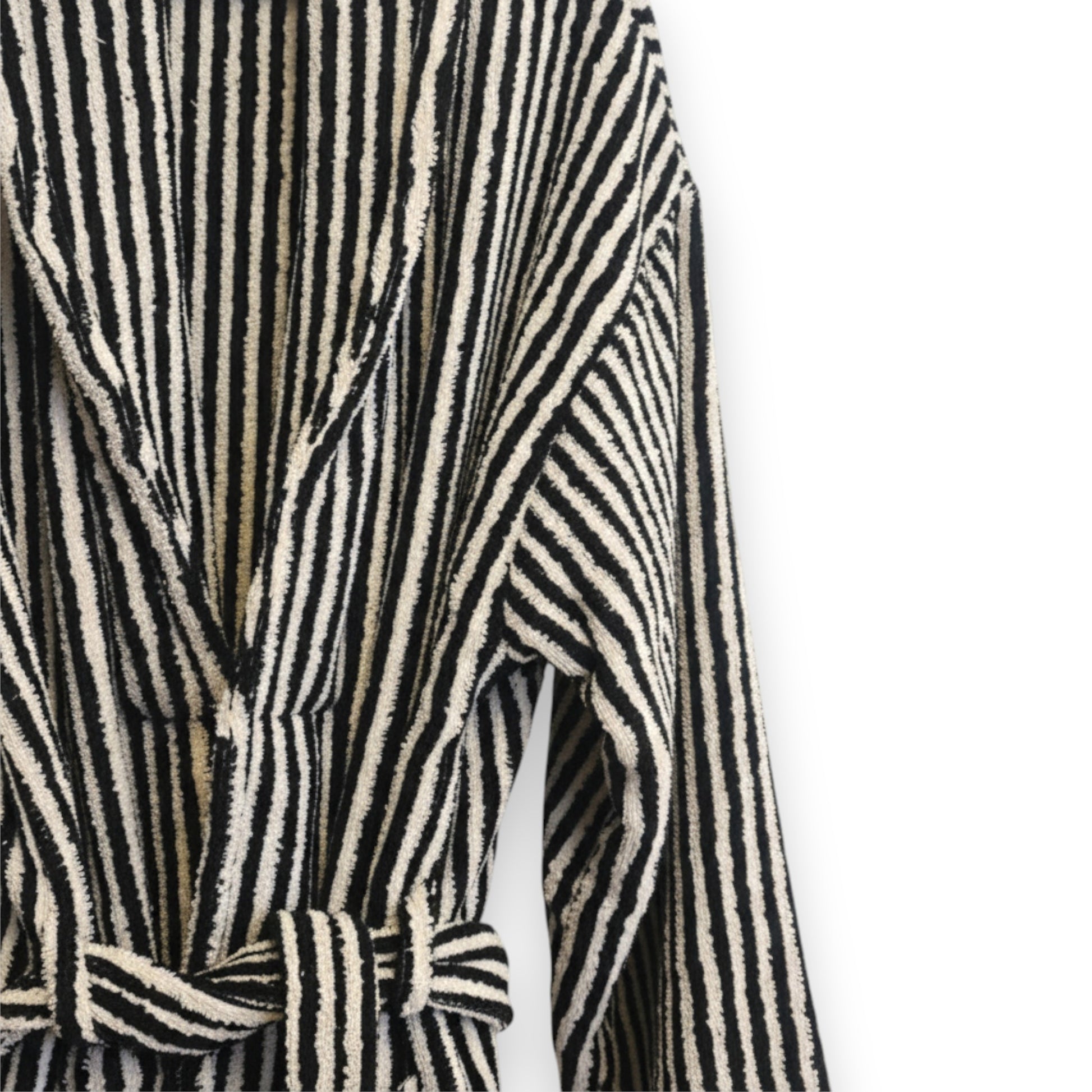 Turkish terry towel unisex bathrobe in black and white stripe design with a shawl collar, made from natural cotton for comfort and absorbency.