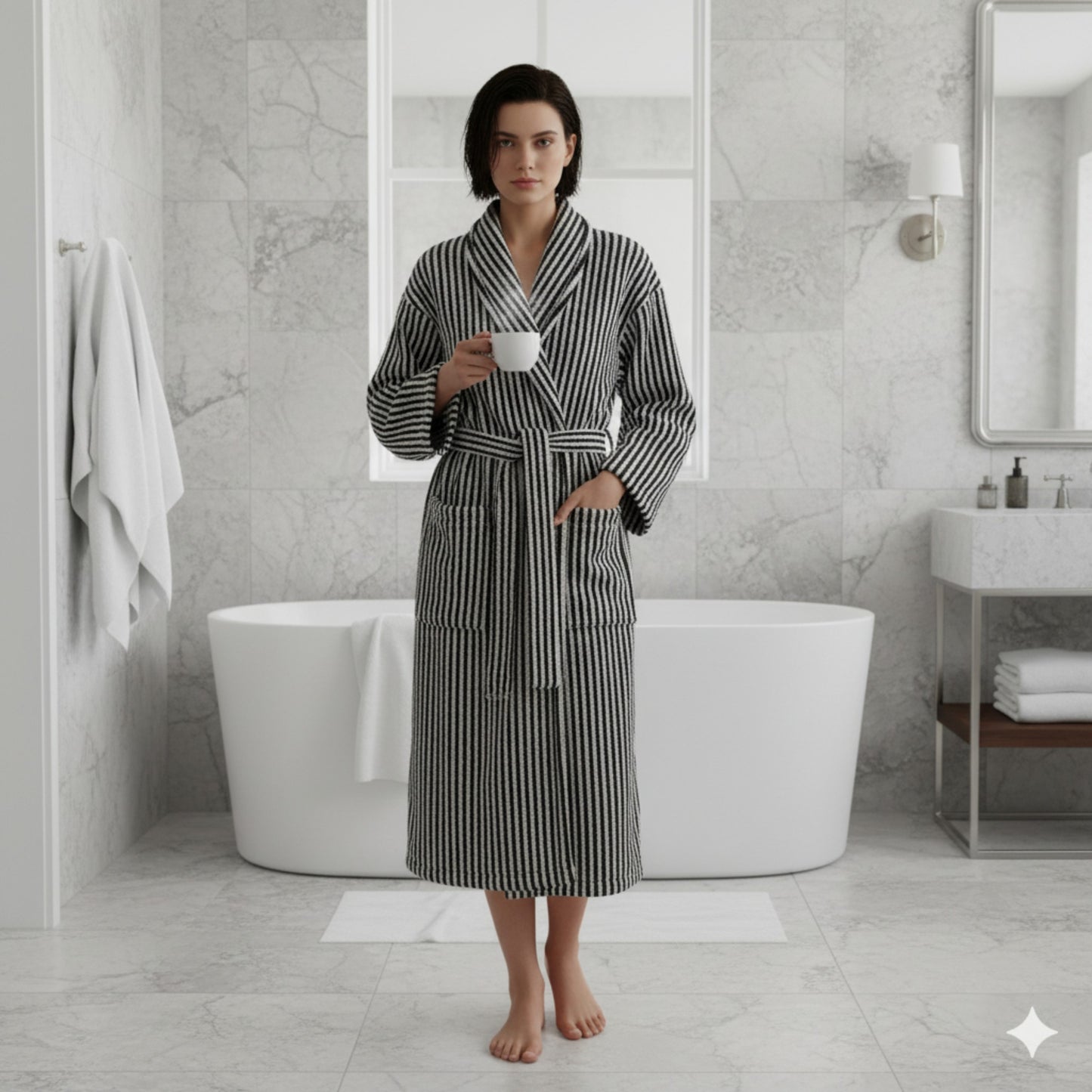 Turkish terry towel unisex bathrobe in black and white stripe design with a shawl collar, made from natural cotton for comfort and absorbency.