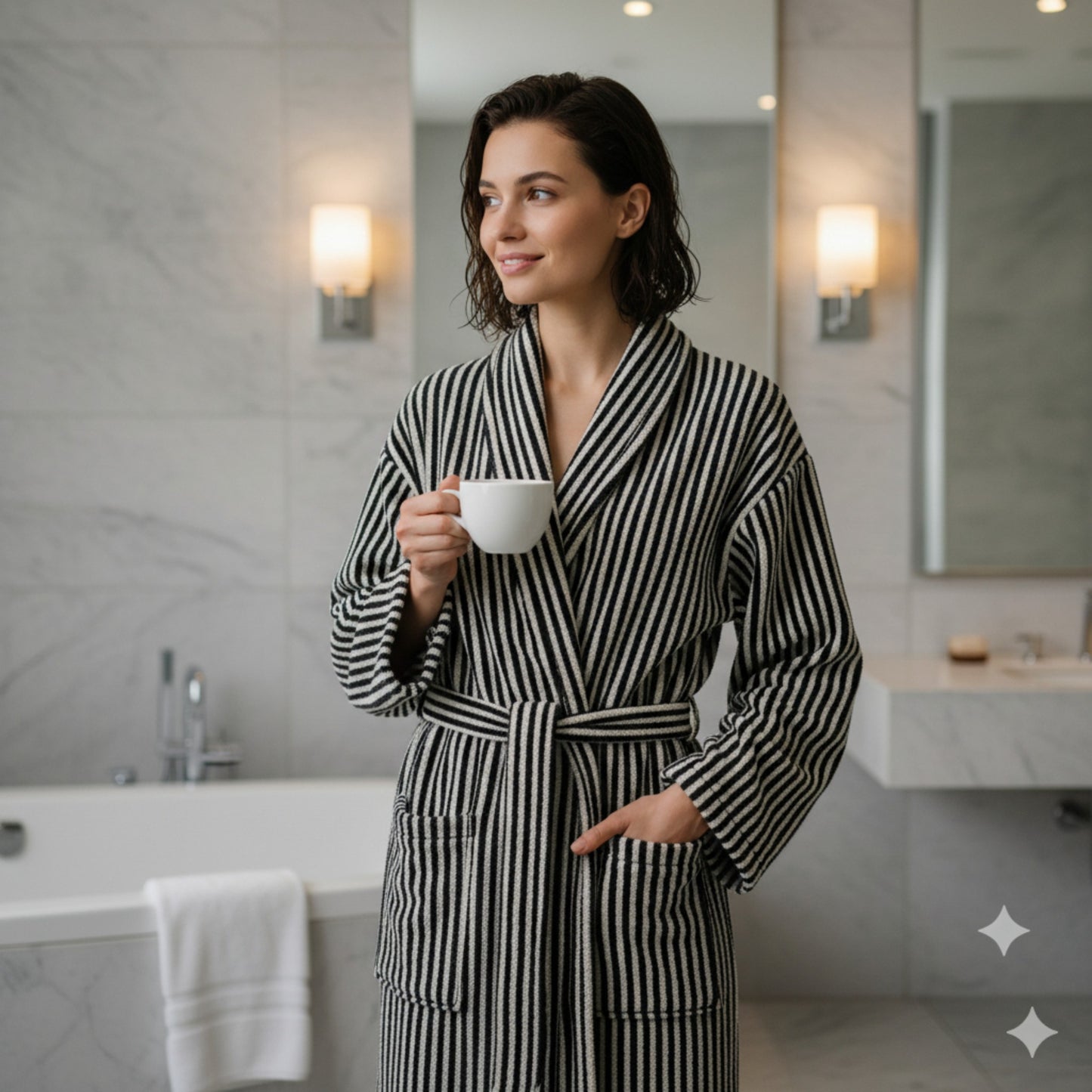 Turkish terry towel unisex bathrobe in black and white stripe design with a shawl collar, made from natural cotton for comfort and absorbency.