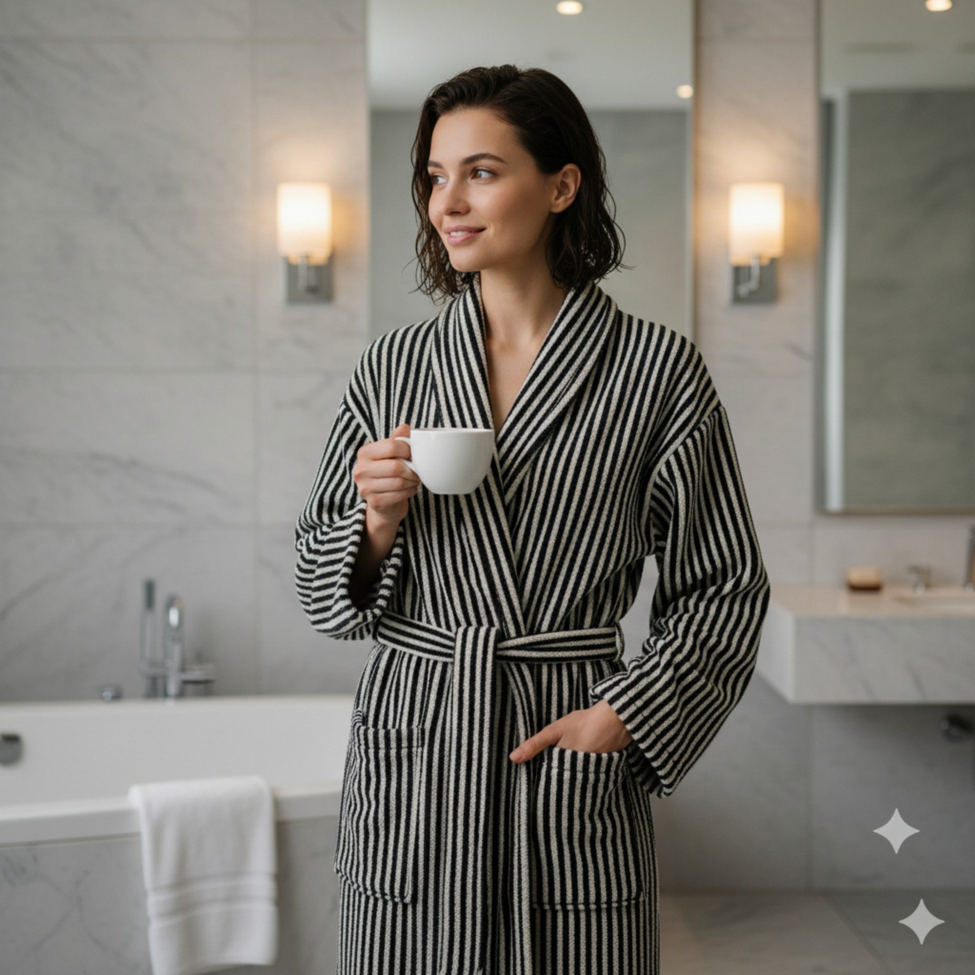 Turkish terry towel unisex bathrobe in black and white stripe design with a shawl collar, made from natural cotton for comfort and absorbency.