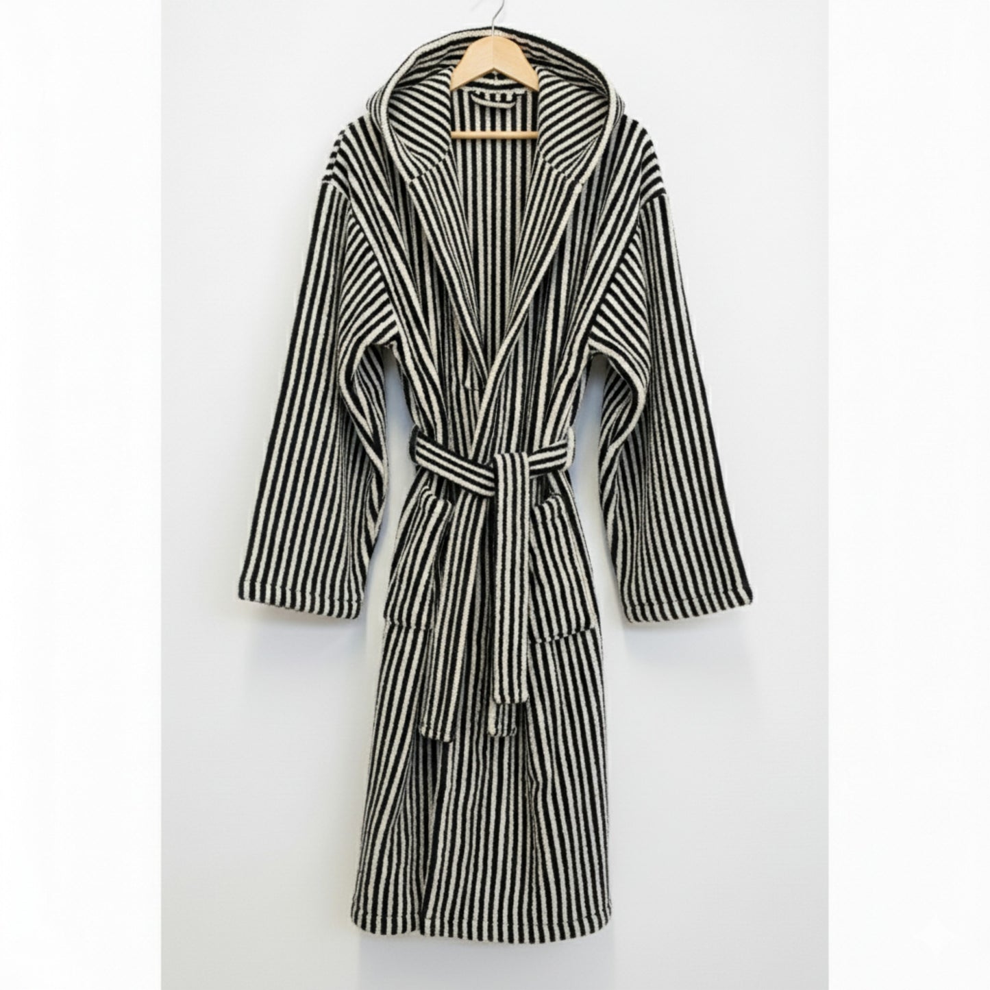 Turkish Terry Towel Unisex Bathrobe Black and White Srtipe Design Hooded