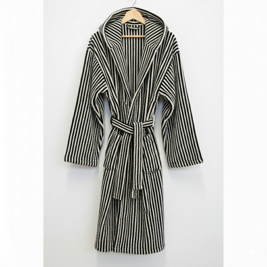Turkish Terry Towel Unisex Bathrobe Black and White Srtipe Design Hooded