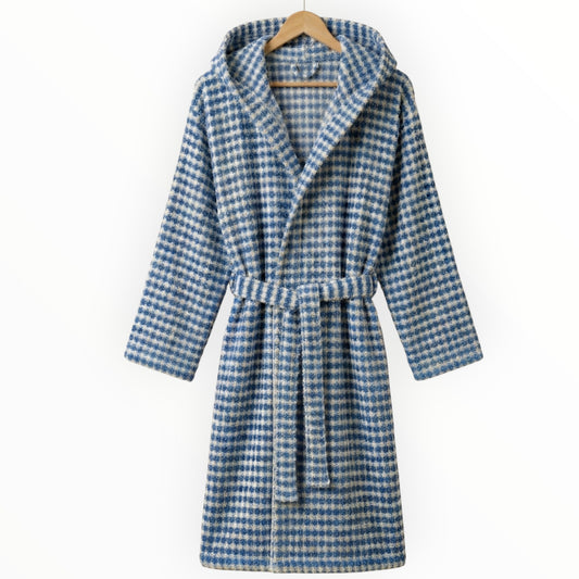 Turkish Terry Towel Unisex Bathrobe Indigo Dotted Pompom Design Hooded