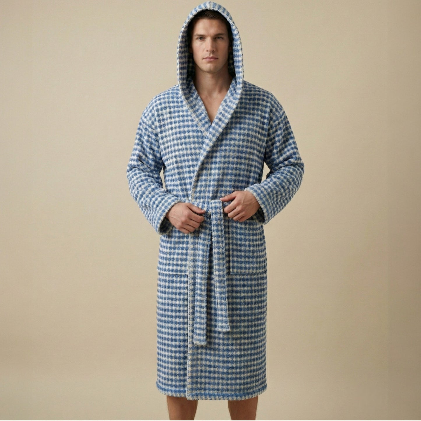 Turkish Terry Towel Unisex Bathrobe Indigo Dotted Pompom Design Hooded