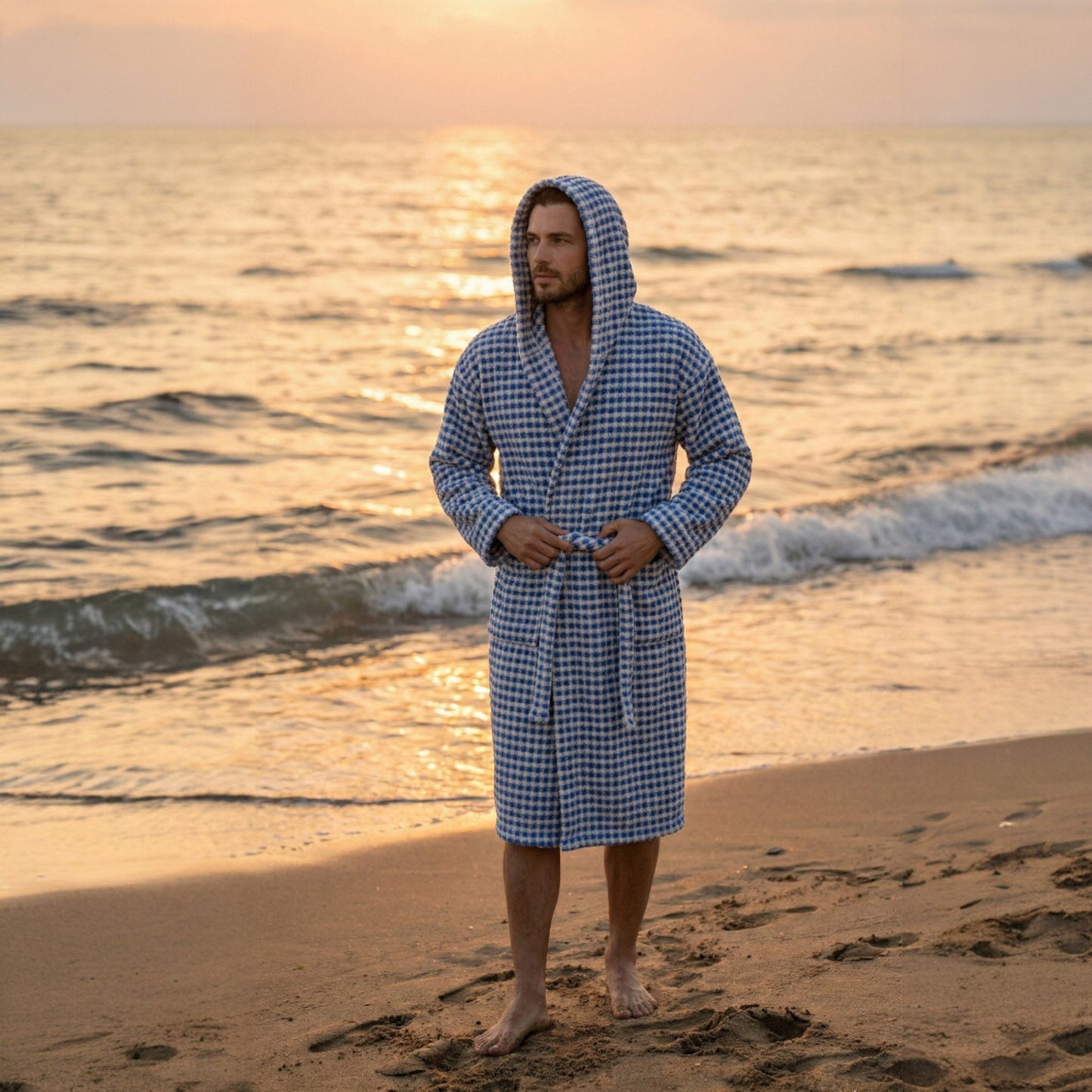 Turkish Terry Towel Unisex Bathrobe Indigo Dotted Pompom Design Hooded