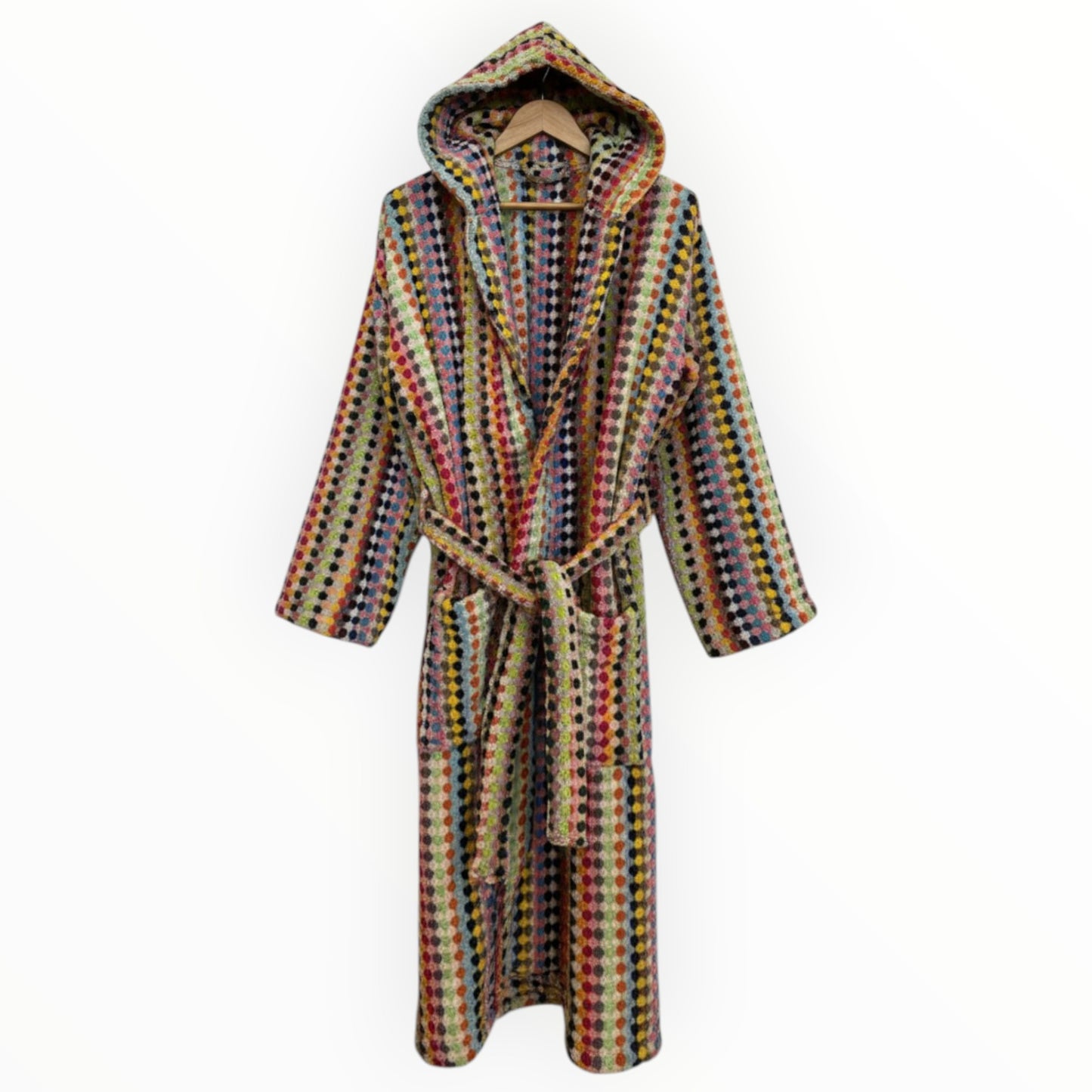 Turkish Terry Towel Unisex Bathrobe Multi Color Dotted Pompom Design Hooded