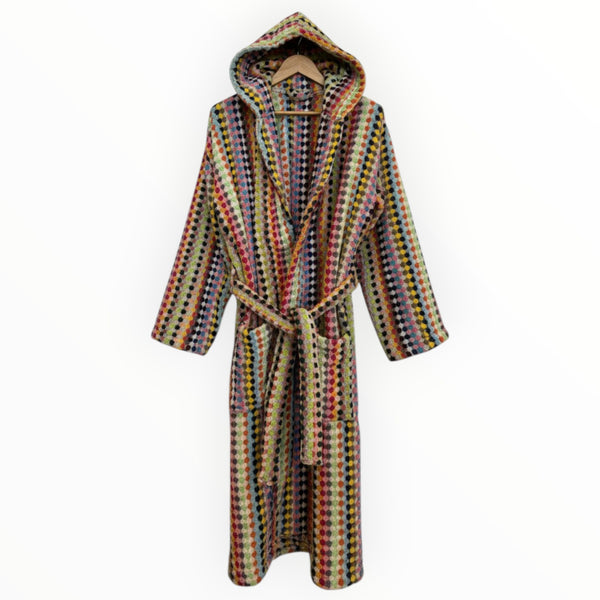 Turkish Terry Towel Unisex Bathrobe Multi Color Dotted Pompom Design Hooded