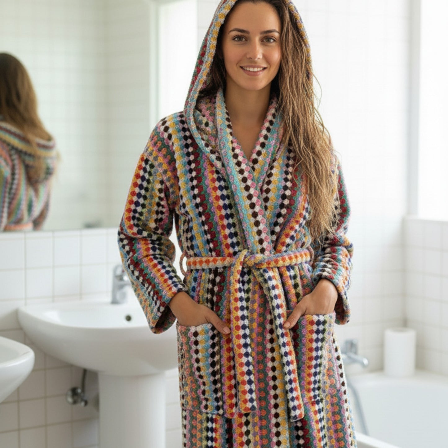 Turkish Terry Towel Unisex Bathrobe Multi Color Dotted Pompom Design Hooded