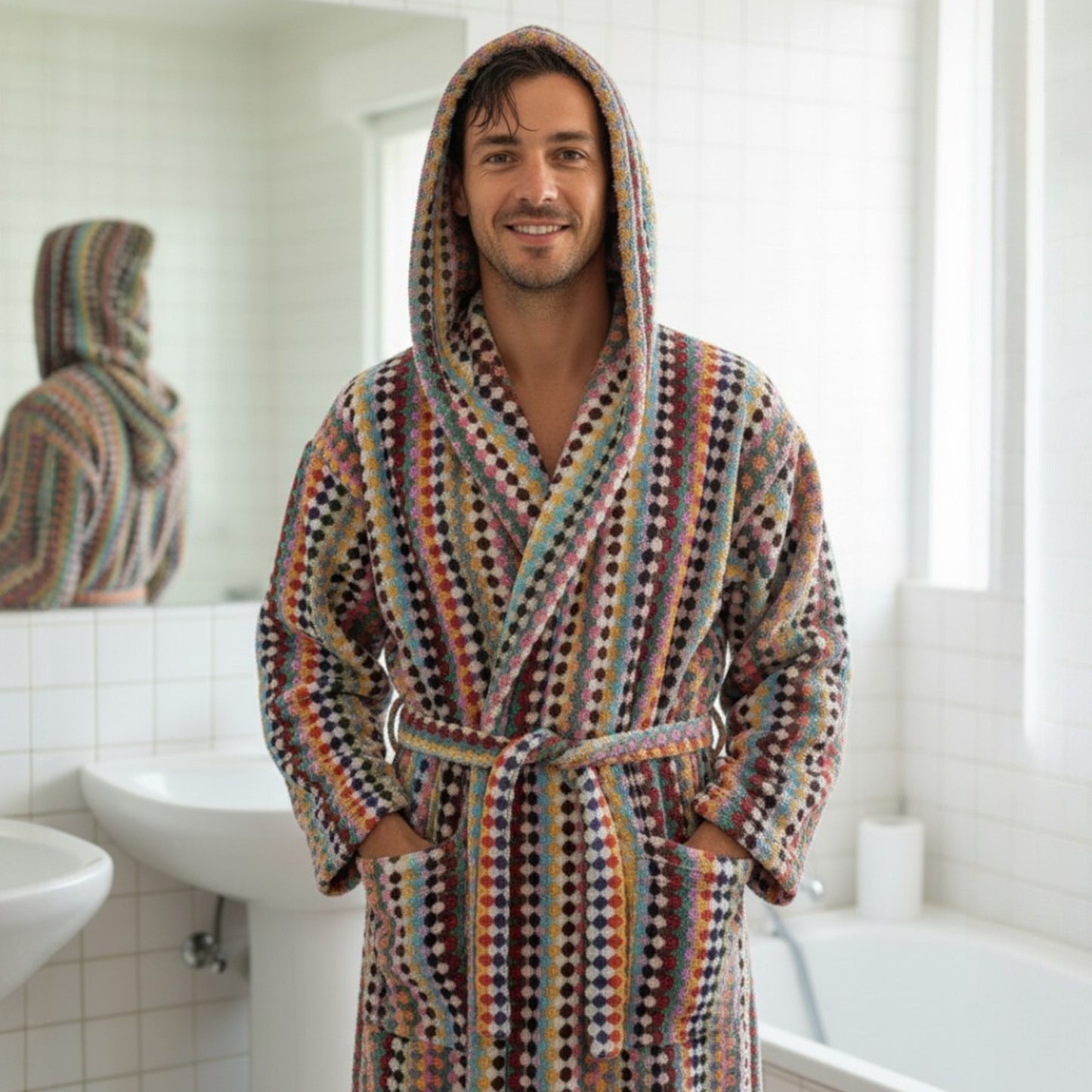 Turkish Terry Towel Unisex Bathrobe Multi Color Dotted Pompom Design Hooded