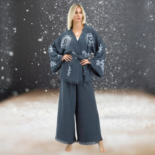 Evil Eye Natural Cotton Kimono Jacket Pants Set