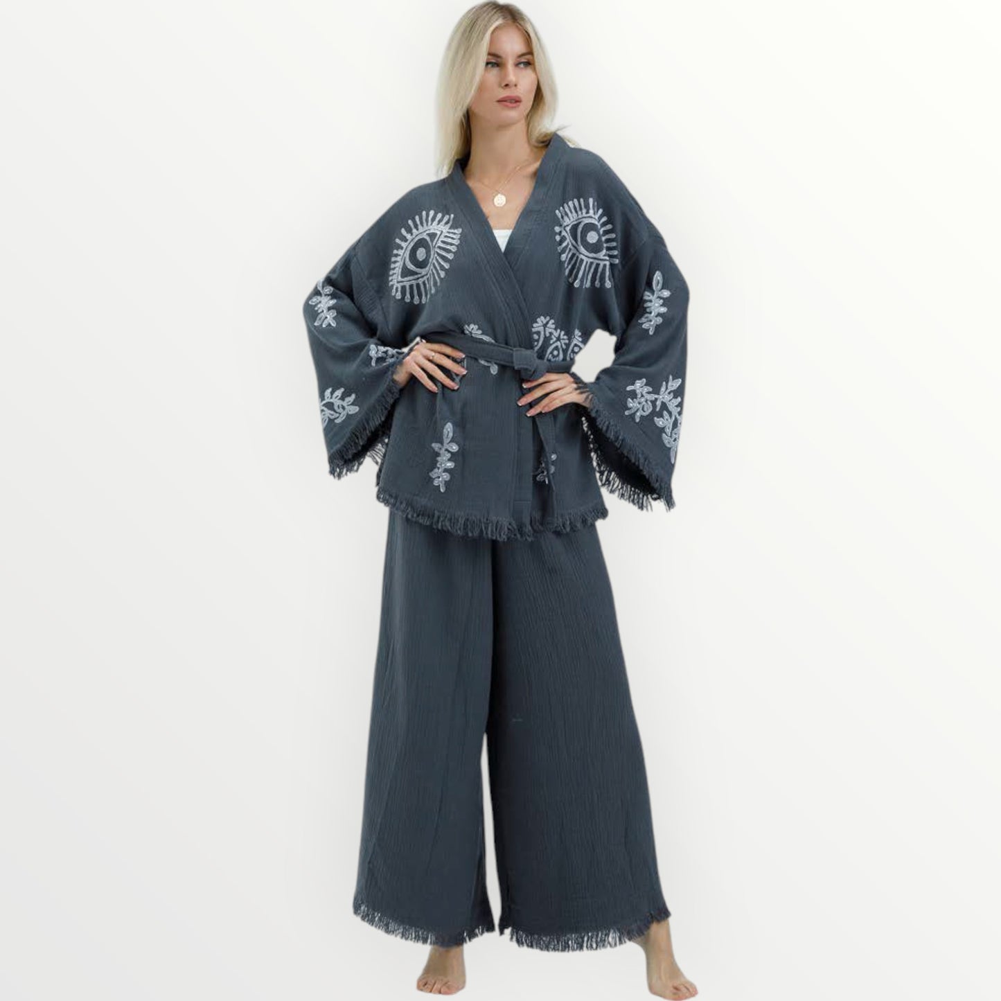 Evil Eye Natural Cotton Kimono Jacket Pants Set