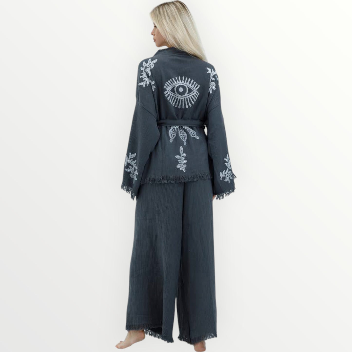 Evil Eye Natural Cotton Kimono Jacket Pants Set