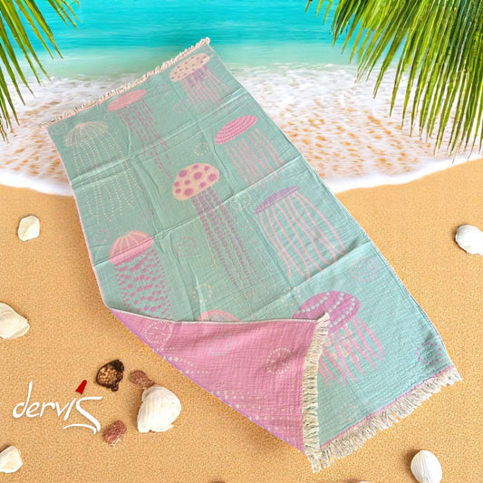 Hand-Woven Three Layers Natural Cotton Turkish Towel Pestemal Jellyfish Design
