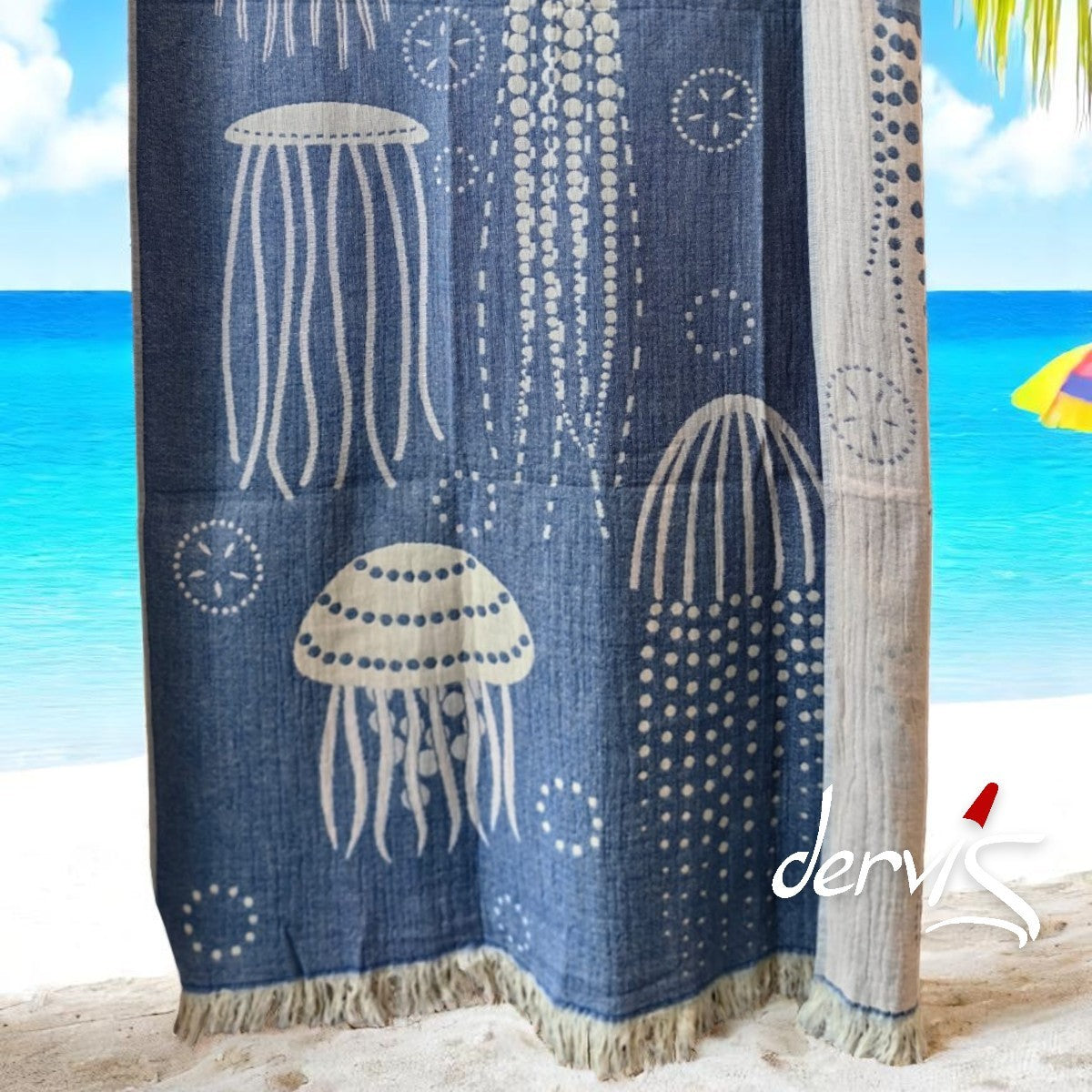 Hand-Woven Three Layers Natural Cotton Turkish Towel Pestemal Jellyfish Design