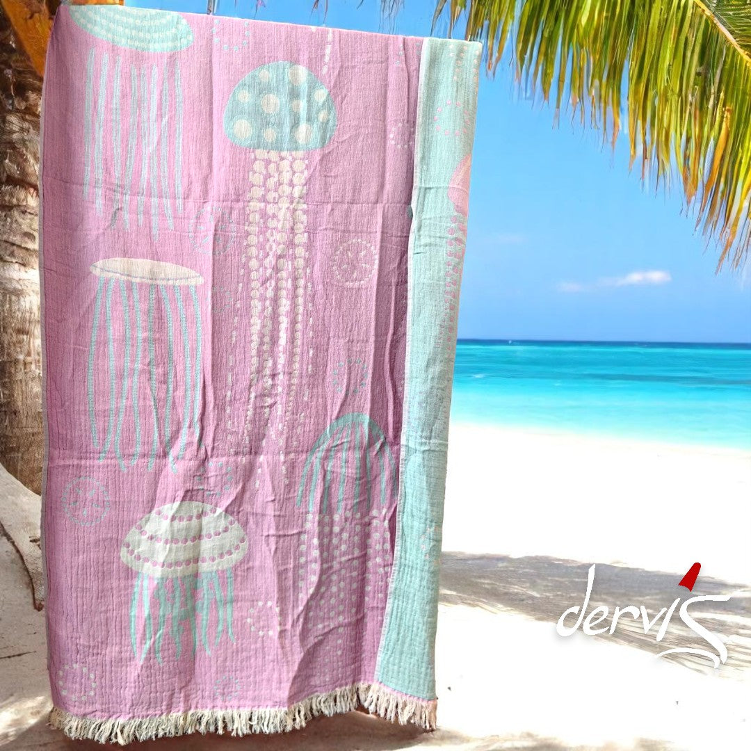 Hand-Woven Three Layers Natural Cotton Turkish Towel Pestemal Jellyfish Design