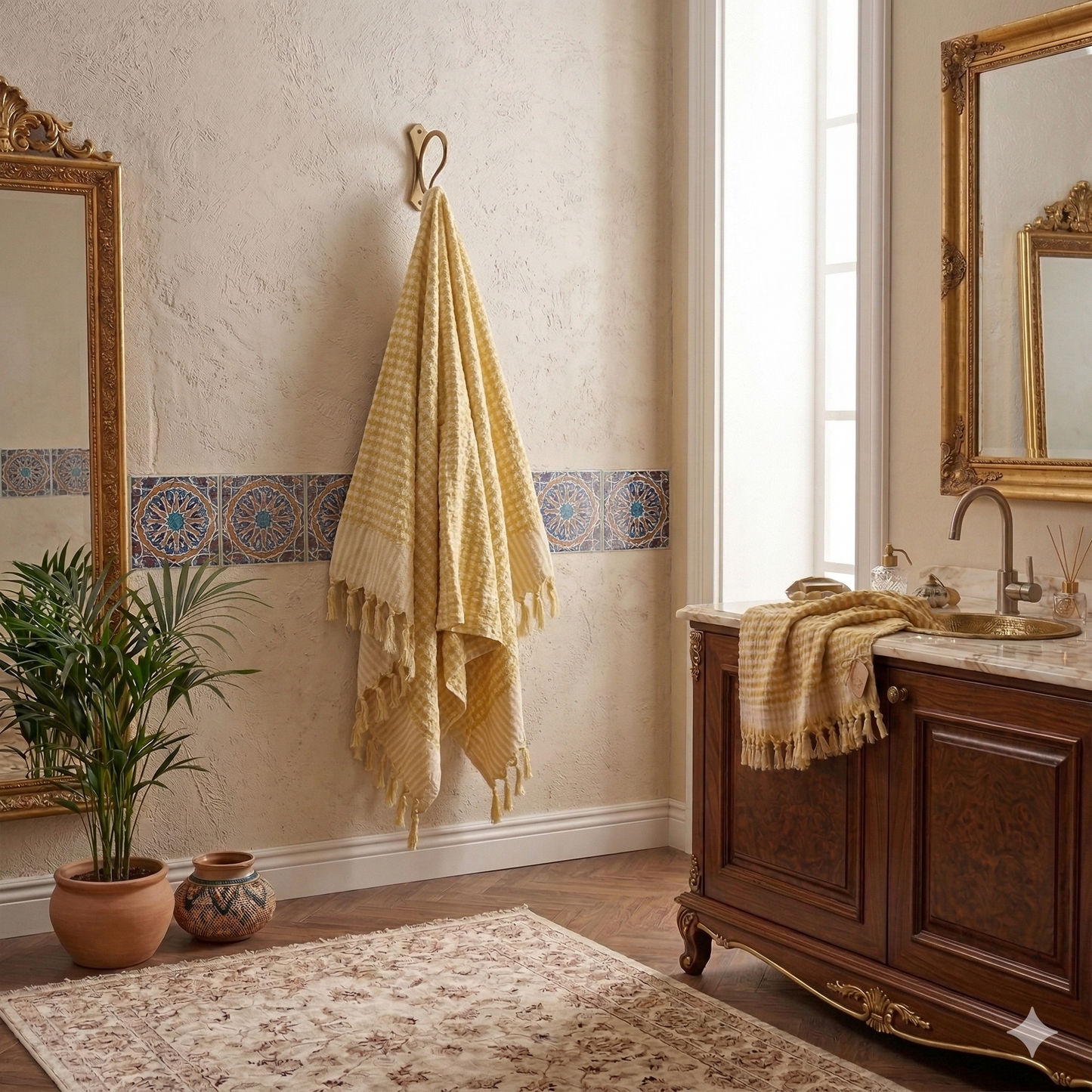 Bathroom interior with a Golden Dotted Turkish Terry Towel, Handwoven Luxury Cotton hanging on a wall, wooden vanity, and decorative elements.