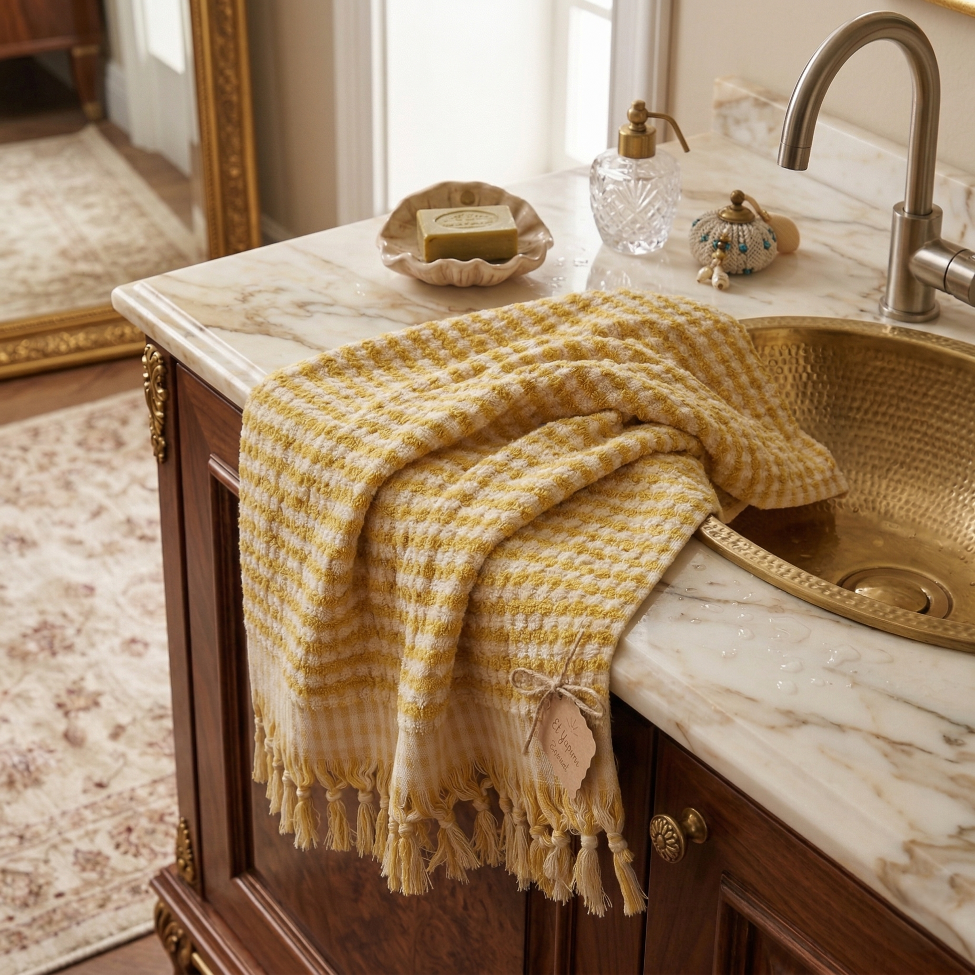 Golden Dotted Turkish Terry Towel – Handwoven Luxury Cotton draped over a marble countertop with a brass sink and faucet.