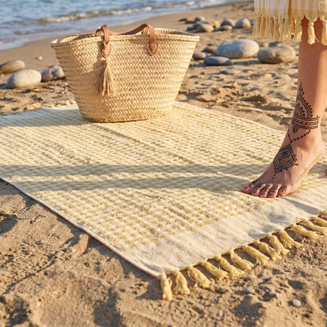Woven basket on a Golden Dotted Turkish Terry Towel – Handwoven Luxury Cotton with a person's foot and tattoo in the background