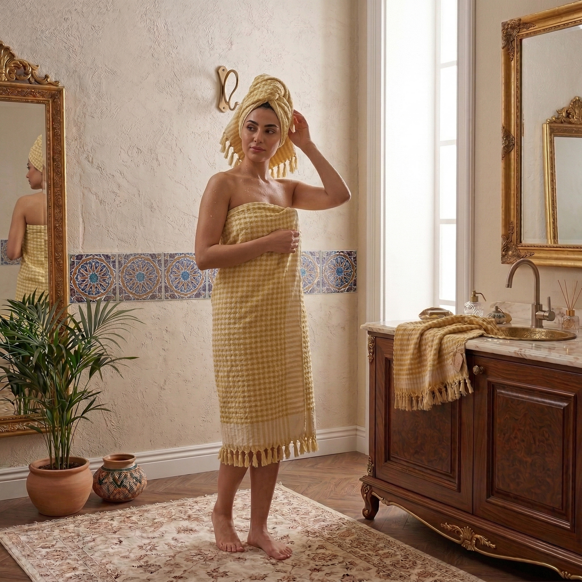 Woman in a Golden Dotted Turkish Terry Towel, Handwoven Luxury Cotton standing in a bathroom with ornate fixtures.