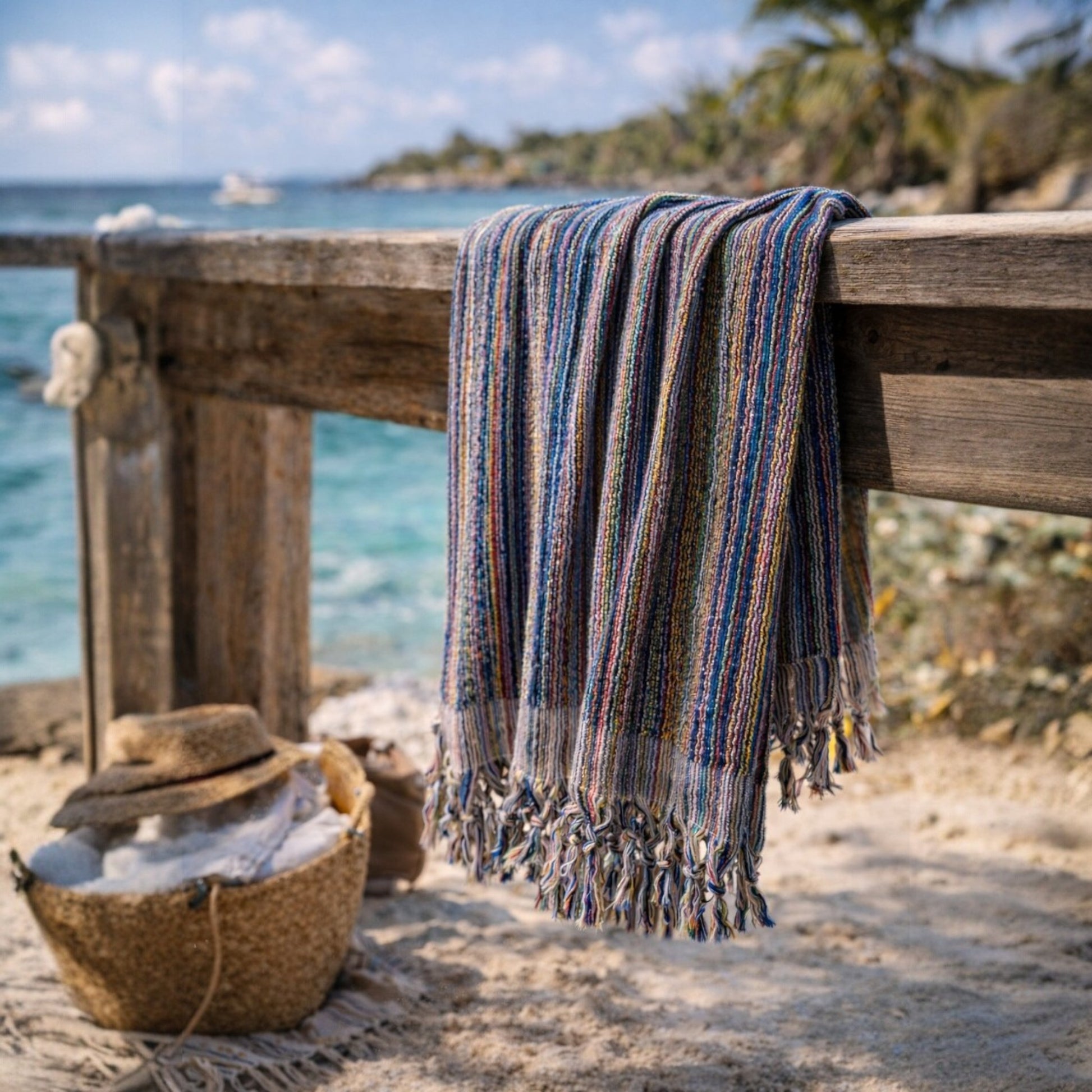 Turkish Hammam Bath Terry Towels Multi Indigo Stripe draped over a wooden railing with a beach and ocean view.