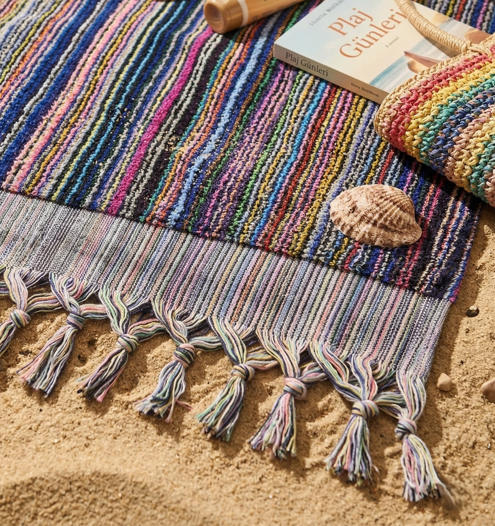 Turkish Hammam Bath Terry Towels Multi Indigo Stripe with tassels on sand, accompanied by a book and shell.