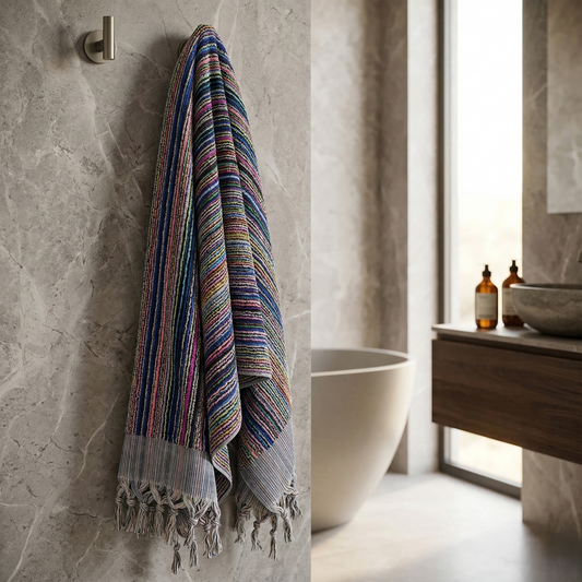 Colorful Turkish Hammam Bath Terry Towels Multi Indigo Stripe hanging on a wall in a bathroom.