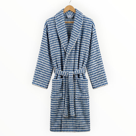 Turkish Terry Towel Bathrobe Indigo Dotted Pompom Design Shawl Collar