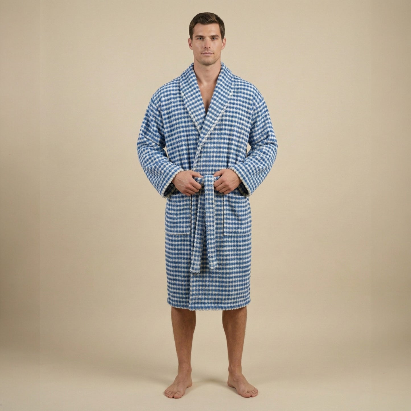 Turkish Terry Towel Bathrobe Indigo Dotted Pompom Design Shawl Collar