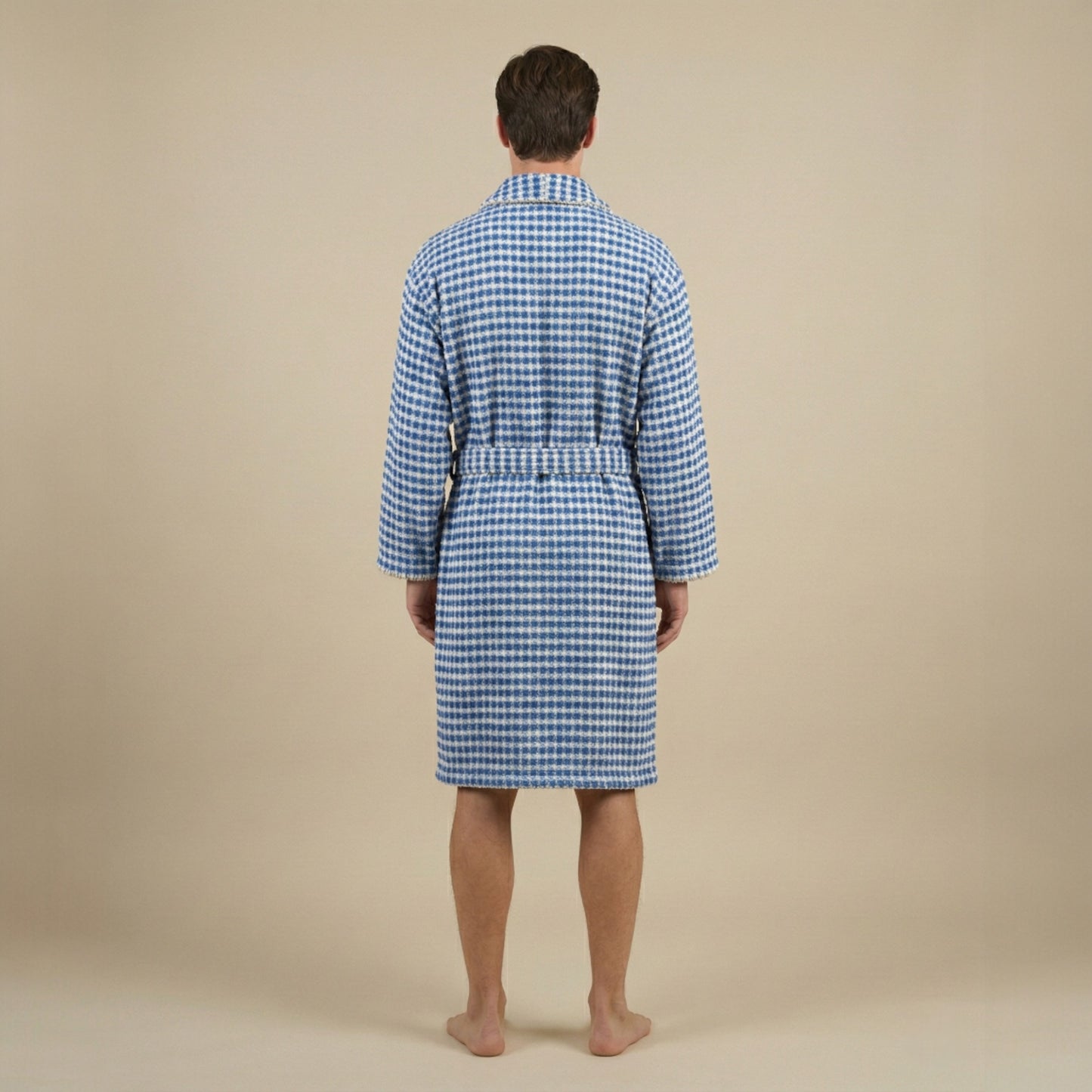 Turkish Terry Towel Bathrobe Indigo Dotted Pompom Design Shawl Collar