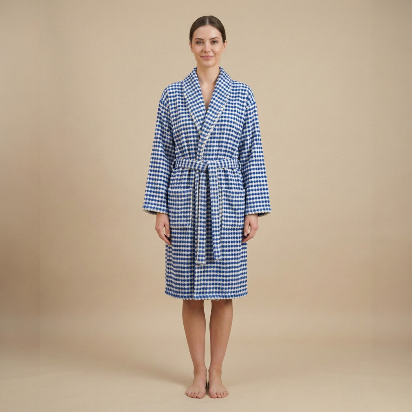 Turkish Terry Towel Bathrobe Indigo Dotted Pompom Design Shawl Collar