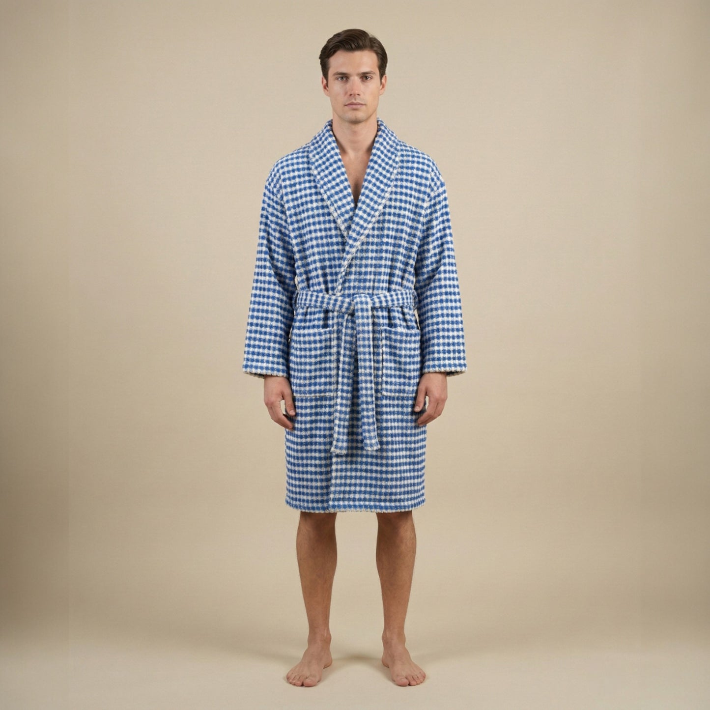 Turkish Terry Towel Bathrobe Indigo Dotted Pompom Design Shawl Collar